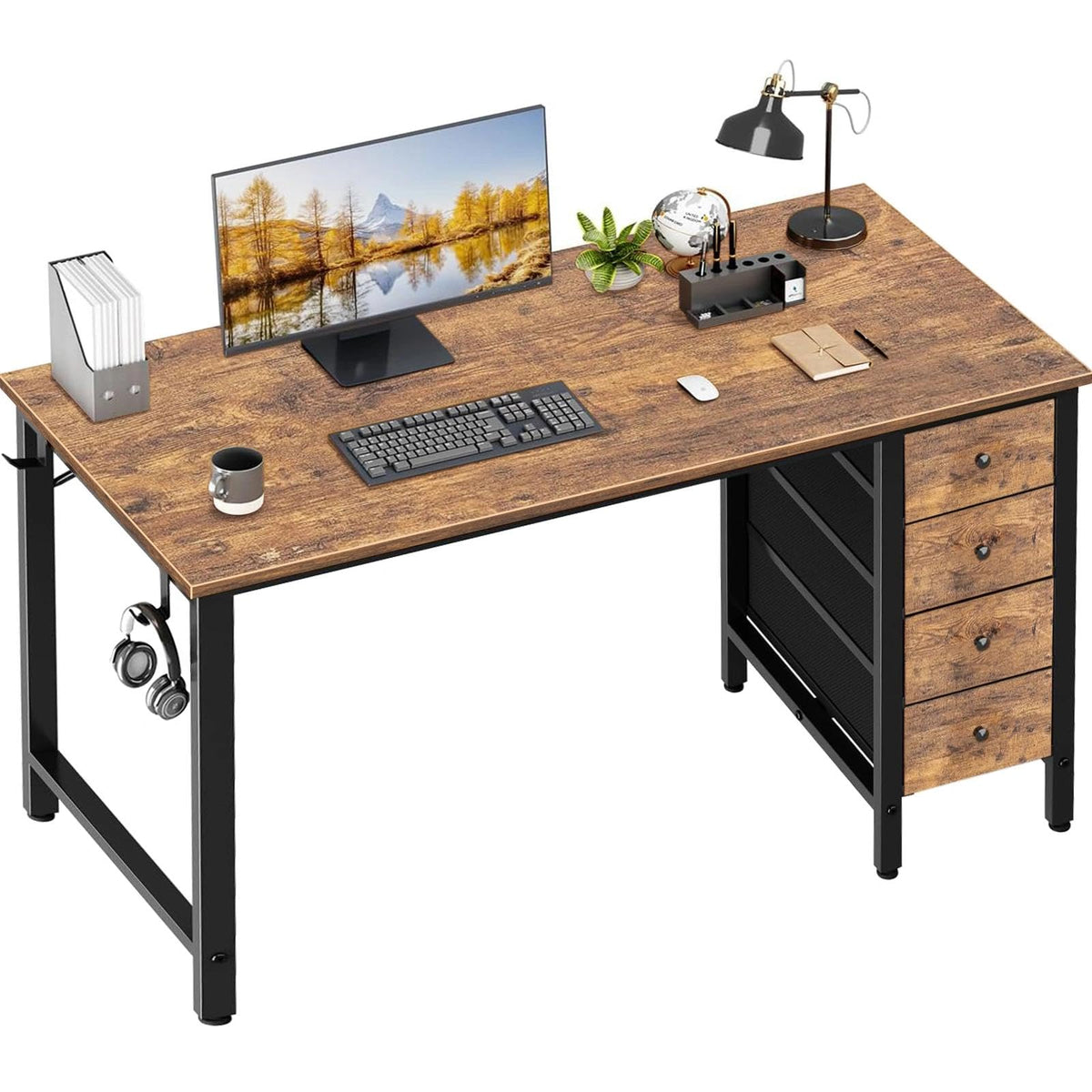 Lufeiya Computer Desk with Drawers - 55 Inch Long Study Work Writing Desk for Home Office Bedroom, Reversible Simple Modern Cute PC Desks with Fabric Drawer, Rustic Brown