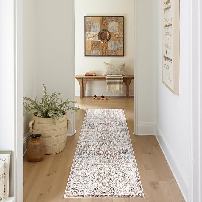 jinchan Runner Rug 2x6 Washable Hallway Rug Vintage Indoor Thin Retro Floor Cover Distressed Floral Country Lightweight Non Slip Carpet for Entryway Bathroom Kitchen Bedroom Living Room Red