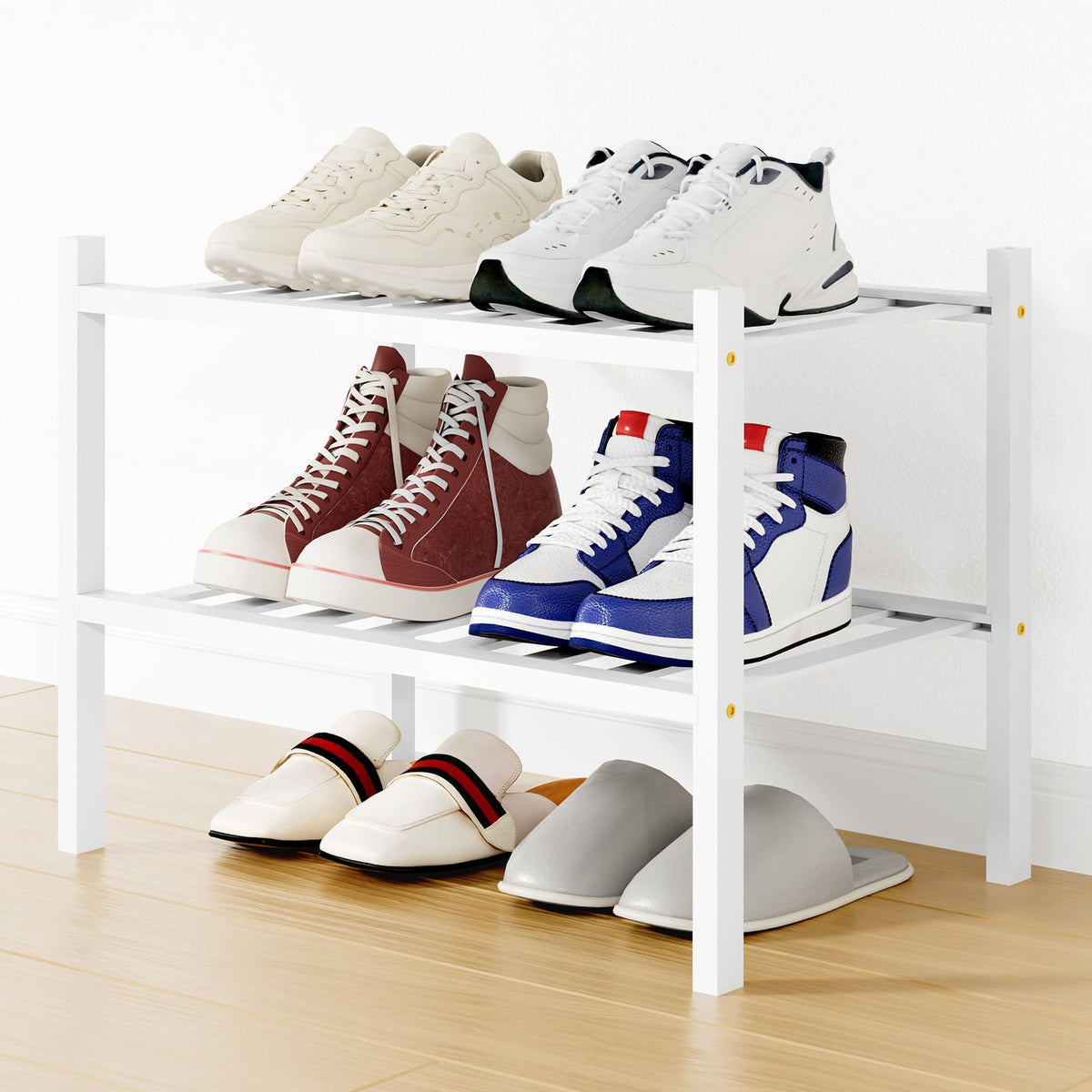 Smiry Bamboo Shoe Rack, 8 Vertical Slats, 2 Tier - 17.3" Wide, White