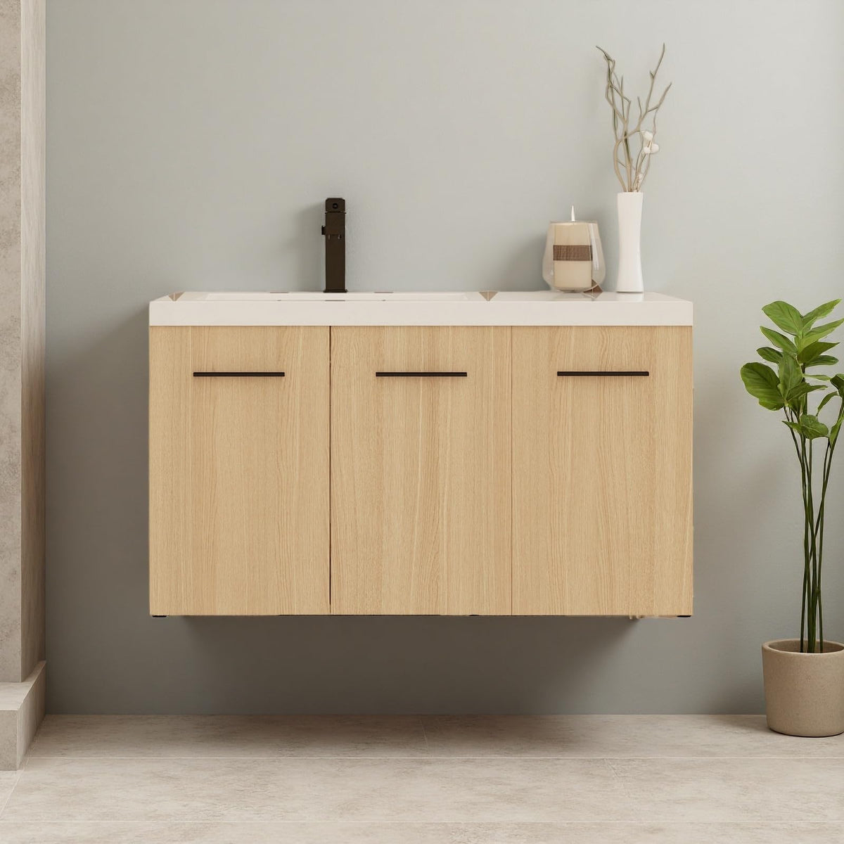 Trygoal 36" Floating Bathroom Vanity with Sink, Bathroom Cabinet, Oak