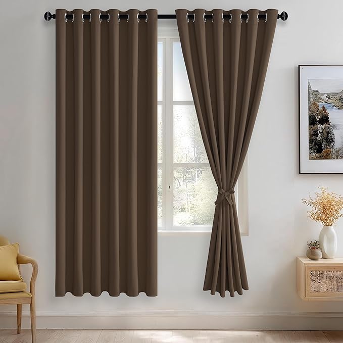 JIUZHEN Brown Blackout Curtains with Tiebacks - Thermal Insulated, Light Blocking and Noise Reducing Grommet Curtains for Bedroom and Living Room, Set of 2 Window Curtain Panels, 70 x 72 Inch Length