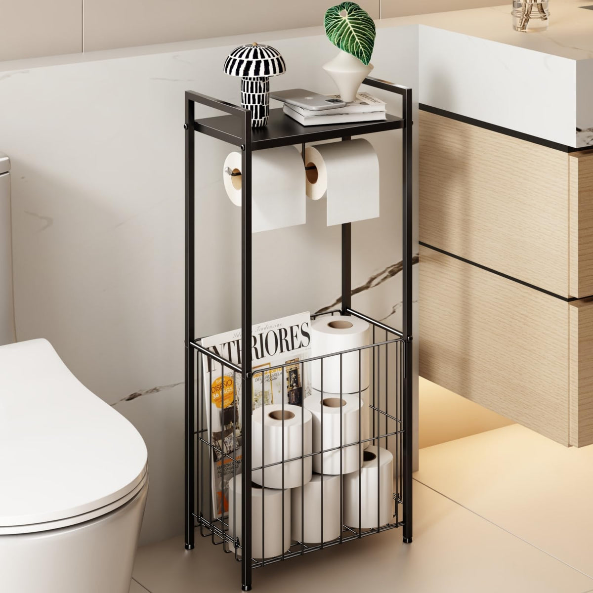 VOLDRA Toilet Paper Holder Stand with Storage Shelf, Free Standing Toilet Paper Roll Holder with Large Basket Heavy Duty Floor Double Tissue Dispenser for Bathroom Freestanding Tp Holder (Matte Black)
