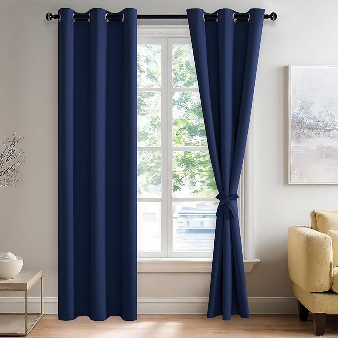 JIUZHEN Blackout Curtains with Tiebacks - Thermal Insulated, Light Blocking and Noise Reducing Grommet Curtain Drapes for Bedroom and Living Room, Set of 2 Panels, 42 x 84 Inches Long, Navy Blue