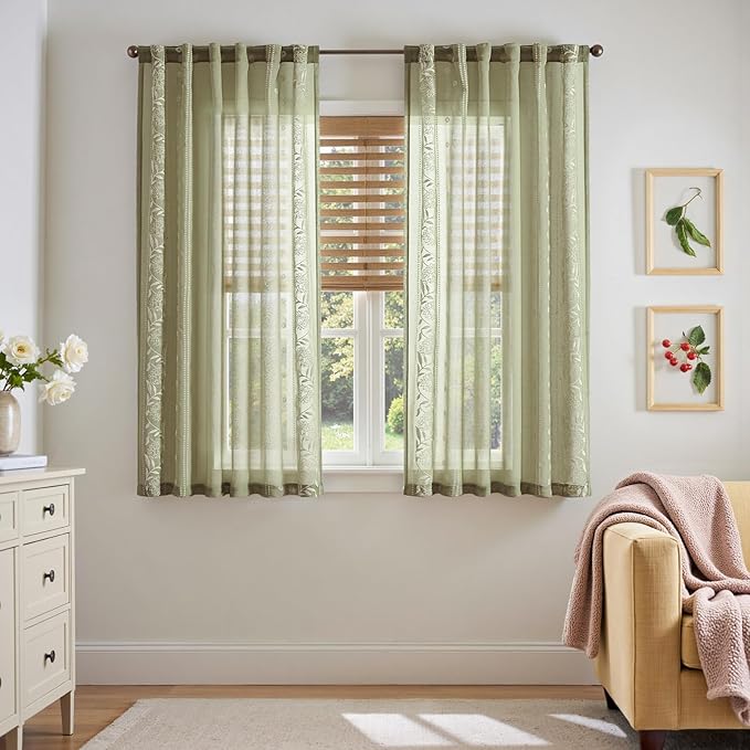 jinchan Winslow Sheer Curtains 63 Inch Length for Dorm Bedroom Bordered Floral Pattern Decorations Short Curtains Light Filtering Window Treatments, 50W x 63L, Ivory on Sage, 2 Panels