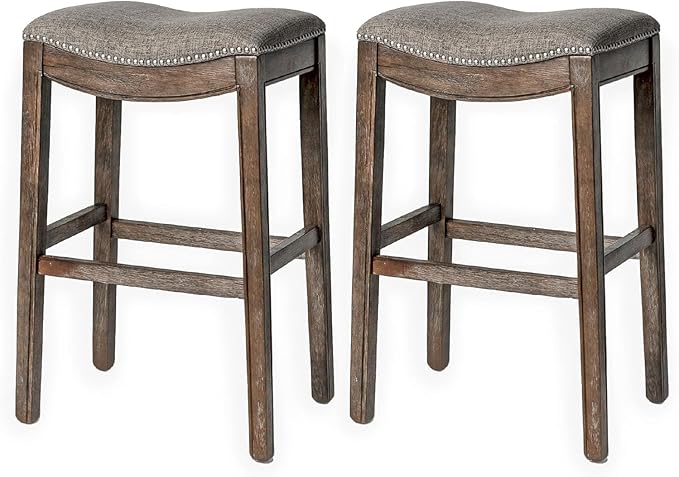 Maven Lane Adrien Backless Bar Stool – Set of 2 – 31 Inch Saddle Seat with Footrest – Brown Solid Wood Frame & Grey Fabric Upholstery – Ideal for Bars, Pub Tables & Tall Kitchen Counters