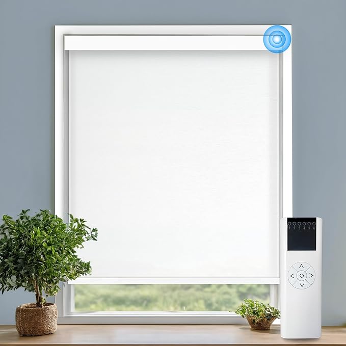 Motorized Blinds with Remote Cordless Automatic Motorized Shades Custom Blinds for Windows Smart Curtains Compatible with Alexa Google Home(Light Filtering Jacquard White,W46 x H72in)
