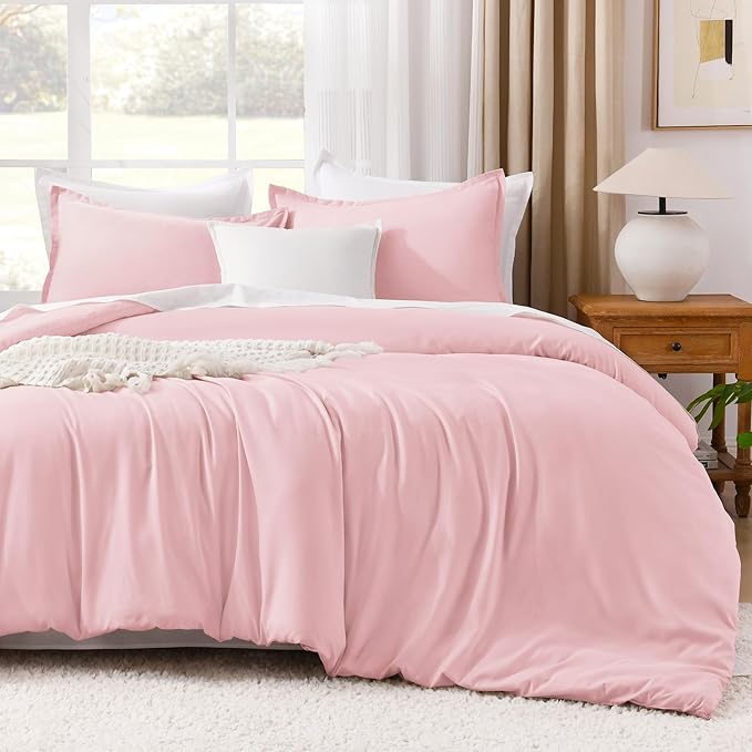 Litanika Pink Comforter Set King Size, 3 Pieces Aesthetic Soft Solid Bedding Comforter Set, All Season Bed Set (104x90In Comforter & 2 Pillowcases)