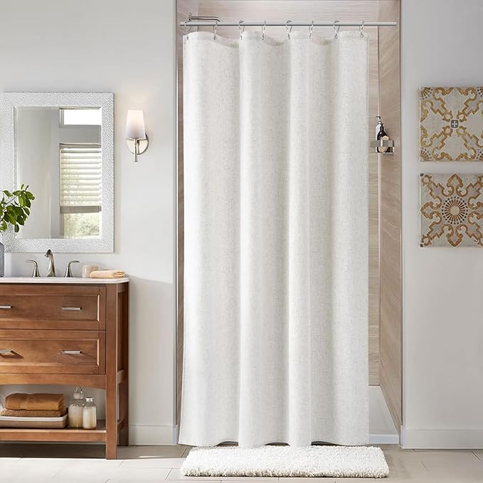 Naturoom 48 Inch Shower Curtain - Stall Narrow Half Linen Ultra Thick Fabric Shower Curtain Set with Hooks, Boho Farmhouse Rustic RV Camper Bath Curtains for Bathroom, Beige White, 48x72
