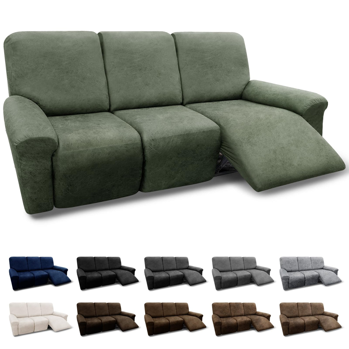 Pfrstuv Couch Cover 8-Pieces Sofa Covers Washable Recliner Sofa Covers 3 Seater Leather Look Recliner Slipcovers with Pockets Spandex Fabric Furniture Covers(Recliner Sofa, Army Green)