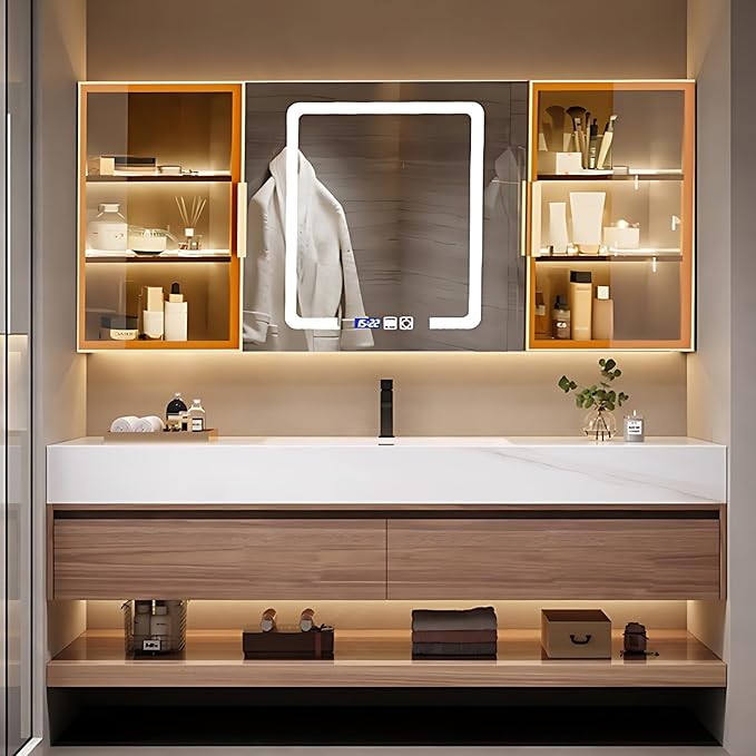 Single Sink Bathroom Vanity, Bathroom Cabinet has LED Lights Fog Mirror & Solid Wood Body, Glass Side Cabinet with Light (Light Brown, 40'')