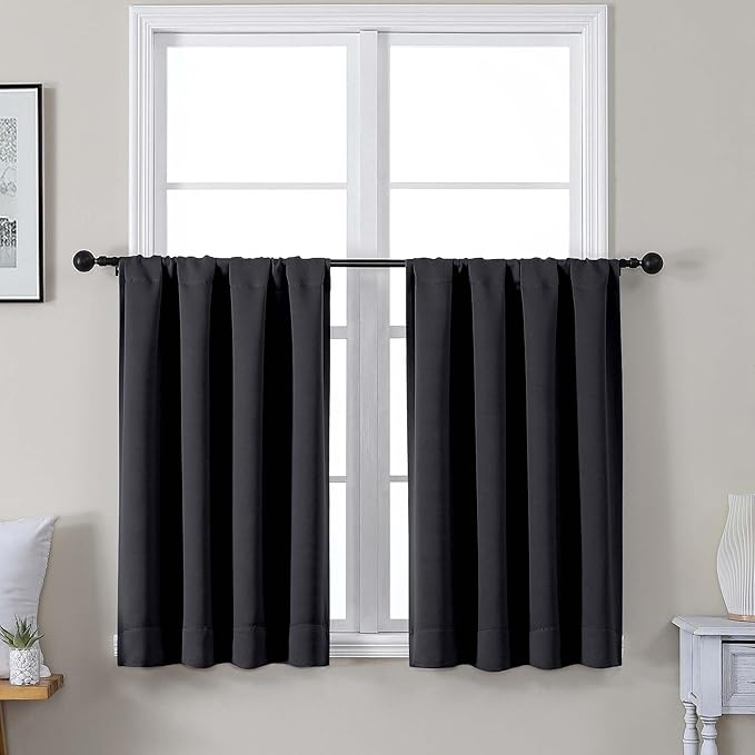 Gwine Short Blackout Curtains 36 Inches Long, Small Curtains Over Sink, Thermal Insulated Room Darkening Drapes for Bathroom Basement Patio Cabinet, 2 PCS, Each 40" Wx36 L, Black