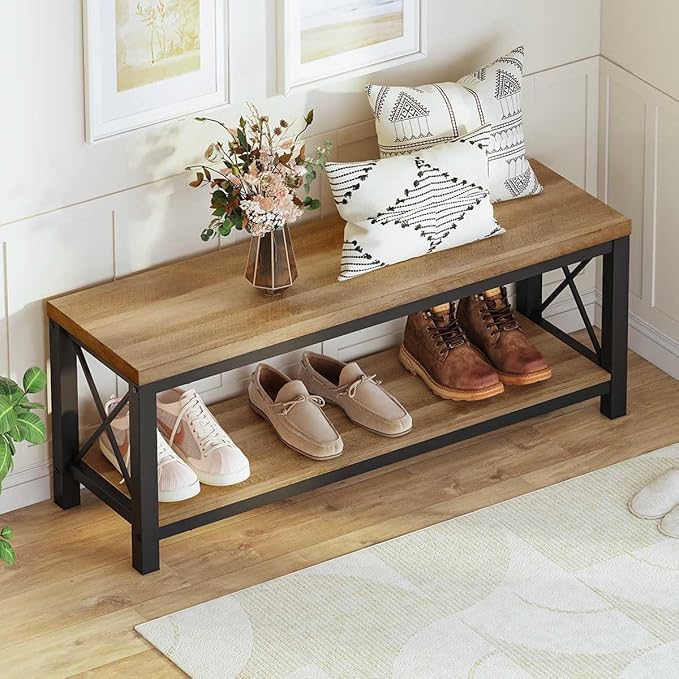BON AUGURE Entryway Bench, Modern Wood and Metal Storage Bench, Farmhouse Shoe Entry Benches for Mudroom, Bedroom, Hall (47 inch Wide, Vintage Oak)