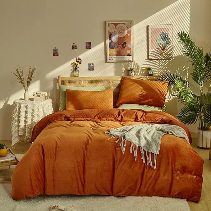 CLOTHKNOW Burnt Orange Velvet California King Comforter Sets Fluffy Bedding Comforter Sets Soft Terracotta Comforter with 2 x Pillow Cases
