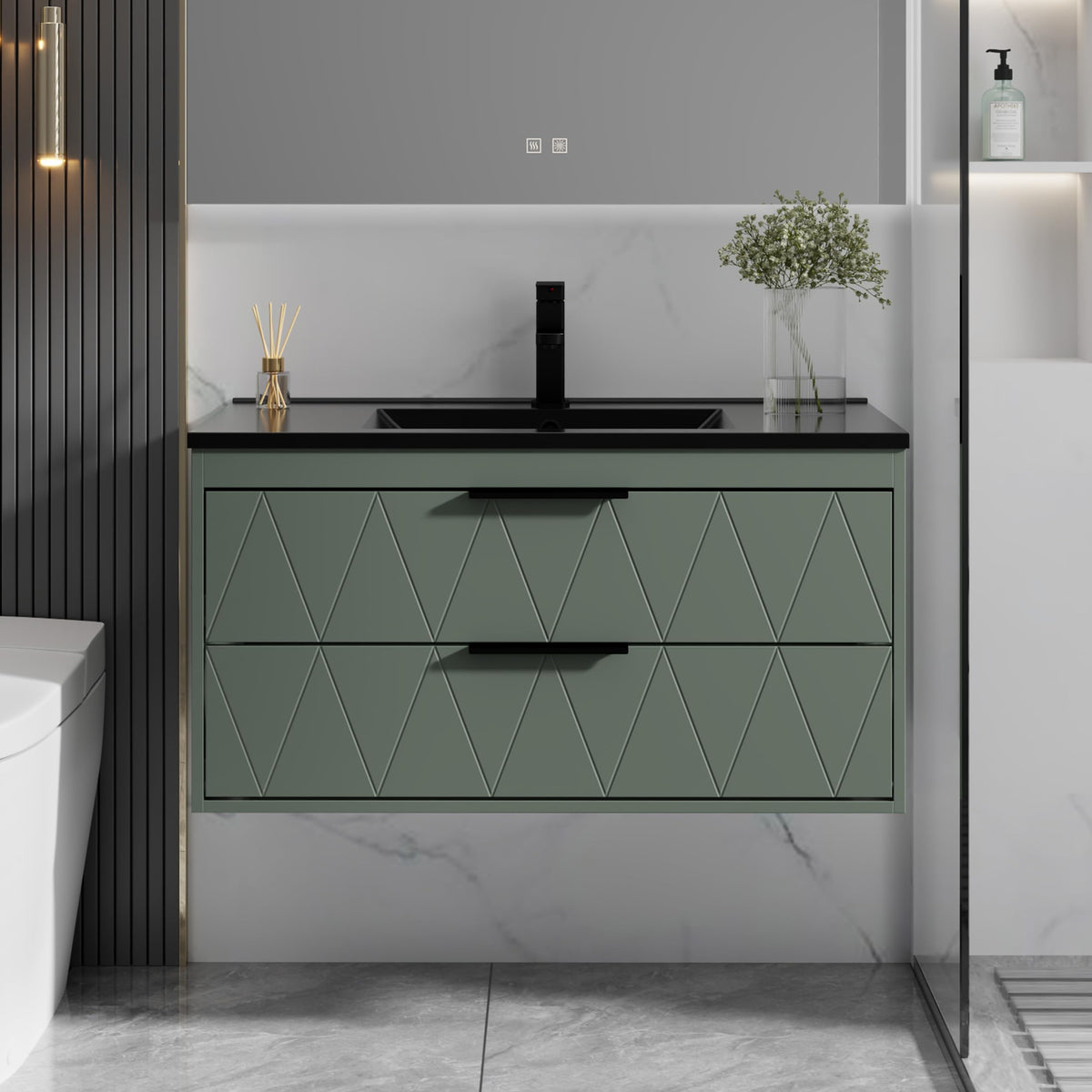 eclife 36" Floating Bathroom Vanity with Sink Combo, Modern Wall-Mounted Vanities Cabinet W/Decor Lines, Soft-Closing Drawers, Single Black Sink, Faucet & Drain, Sage Green