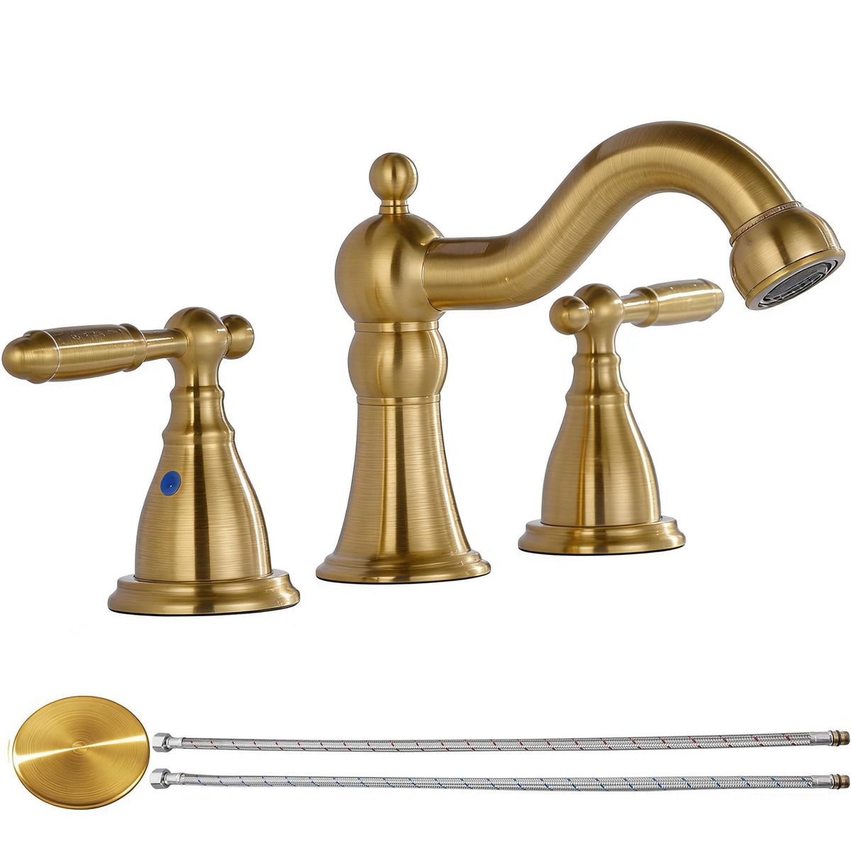RKF Bathroom Faucets for Sink 3 Hole Gold 8 inch Widespread Bathroom Sink Faucet with Drain Double Lever Handle Faucet Bathroom Vanity Faucet Basin Mixer Tap WF013-BG