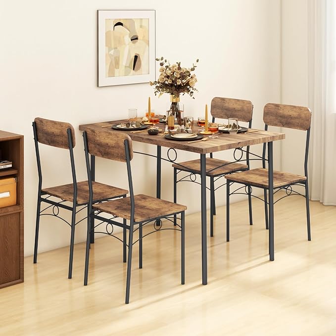 GOFLAME 5-Piece Dining Table Set for 4, Rectangular Kitchen Table and 4 Chairs with Metal Frame, Space Saving Industrial Dinette Set for Dining Room, Breakfast Nook, Small Space