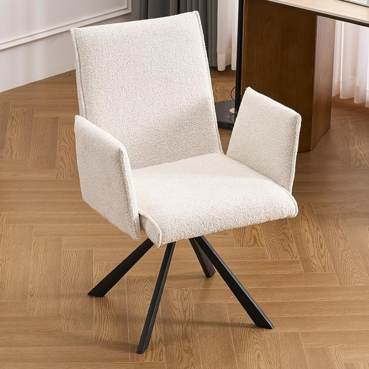 Rowill Boucle Desk Chair No Wheels, Mid Century Mordern Office Chair Swivel Adjustable Height with High Back and Arms for Home Office Bedroom Living Room, Beige