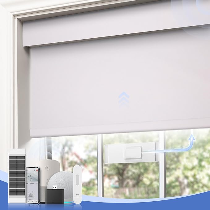 Motorized Blinds with Remote,100% Blackout Smart Roller Shades,Rechargeable Smart Blinds【Solar Panel Included】 Wireless Electric Cordless Shades with Cover Compatible with Alexa White 29 * 72