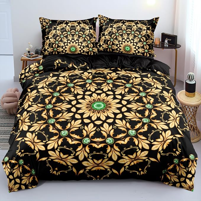 Golden Scrolls Print Duvet Cover and Pillow Shams Green Gems Deco for Girls and Boys Bedding Set Full Size Black Color Bed Sets