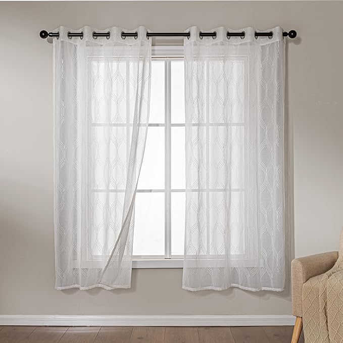Amazon Basics 2-Piece Embroidery Sheer Curtain Set, Light Filtering Hollow Drapes for Living Room and Bedroom, 42" W × 72" L, White Classic Waves