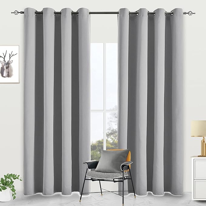 Blackout Curtains for Bedroom Thermal Insulated Light Blocking Room Darkening Curtains Solid Grommet Window Drapes for Living Room, Set of 2 Curtain Panels 52 W x 72 L inch Long Light Gray