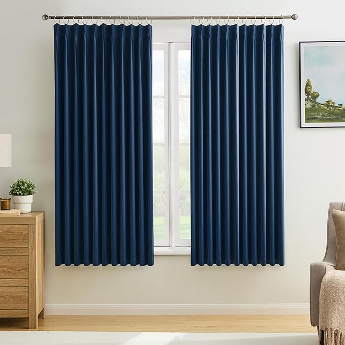 Pinch Pleated Curtains 63 Inches Long 2 Panels Set, Thermal Insulated Blackout Room Darkening Curtain for Bedroom,Window Draperies with Hooks(Navy Blue,72x63-inch)