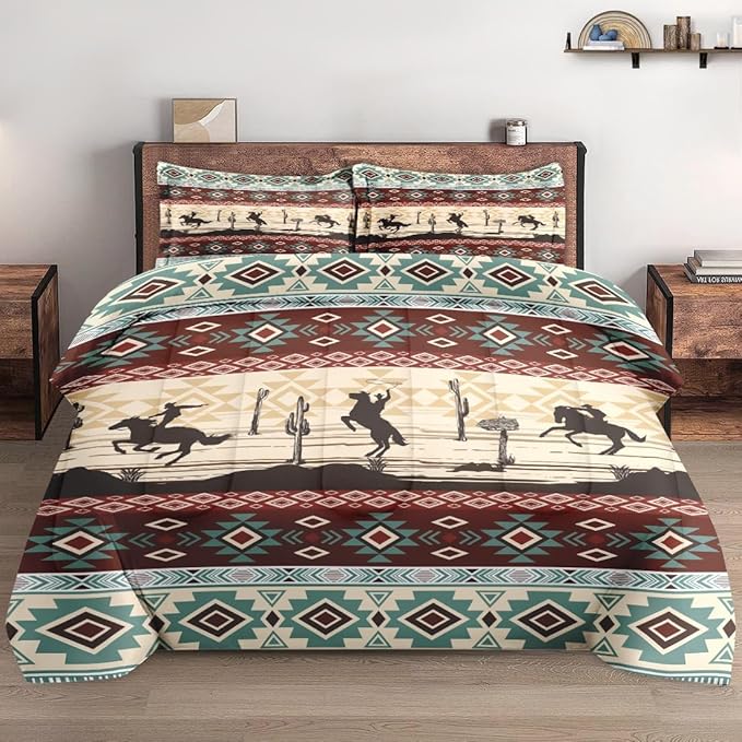 Twin Size Comforter Set with Pillowcase, Tribal Cowboy Horses 2 Pcs Bedding for Kids and Adults, Retro Vintage Western Soft Comforter Set for Bedroom Bed Decor
