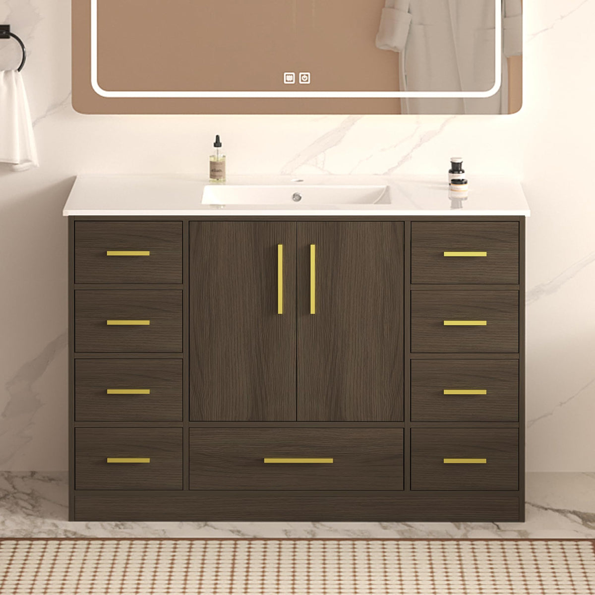 LUMISOL 48 Inch Bathroom Vanity with Sink, Freestanding Bathroom Vanity with 9 Storage Drawers and 2 Soft-Closing Doors, Wood 48" Bathroom Vanities with Resin Sink, Dark Brown