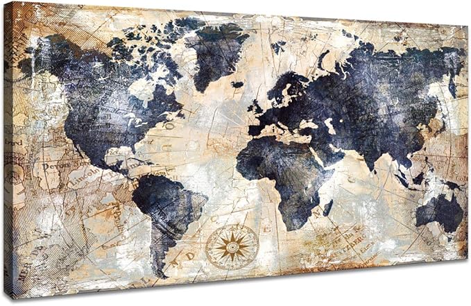 Canvas Wall Art World Map Wall Art for Office Artwork Print Picture Home Interior Decor - Map Picture for living room Office Bedroom Wall Decor Canvas Artwork 24x48inch Ready to Hang