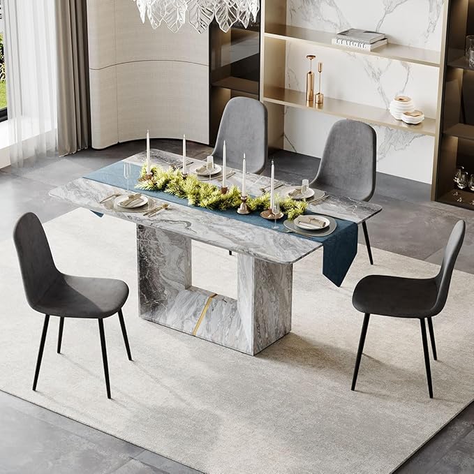 Dinner Table Set for 4, 5 Piece Dining Table Set with Chairs, 63" Faux Marble Modern Table with 4 Linen Fabric Chairs, for Kitchen & Dining Room