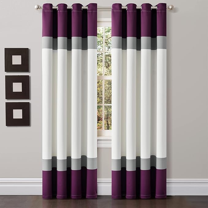 Lush Decor Alexander Color Block Light Filtering Window Curtain Panel Pair, 52"W x 84"L, Purple & Gray
