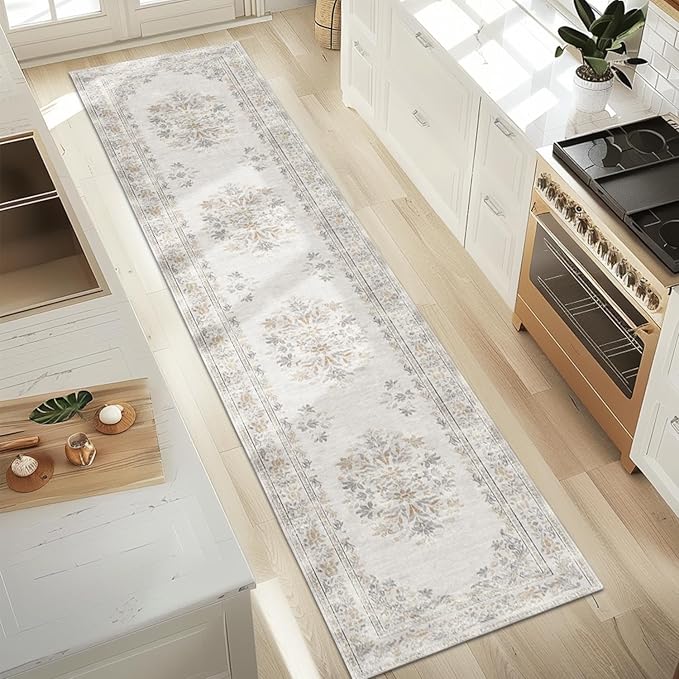 jinchan Hallway Runner Rug 2x10 Vintage Floral Distressed Design - Machine Washable Non-Slip Low-Pile Soft Thin Faux Wool Kitchen Carpet for Farmhouse Bedroom Laundry Room(2x10ft, Light Grey)