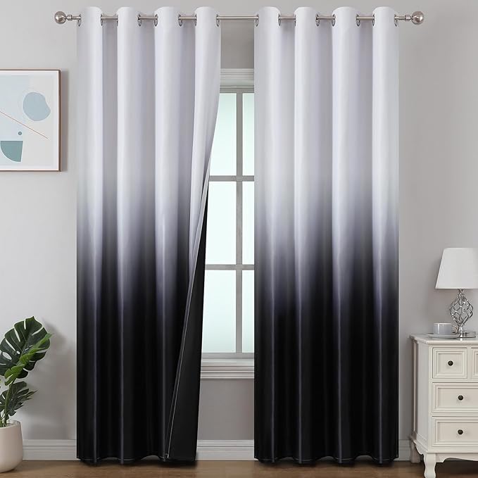Estelar Textiler Black and Greyish White Ombre 102 Inch Long Blackout Curtains for Living Room, Thermal Insulated Energy Saving Curtains for Bedroom, Gradient Grommet Top Drapes 2 Panels,52Wx102L