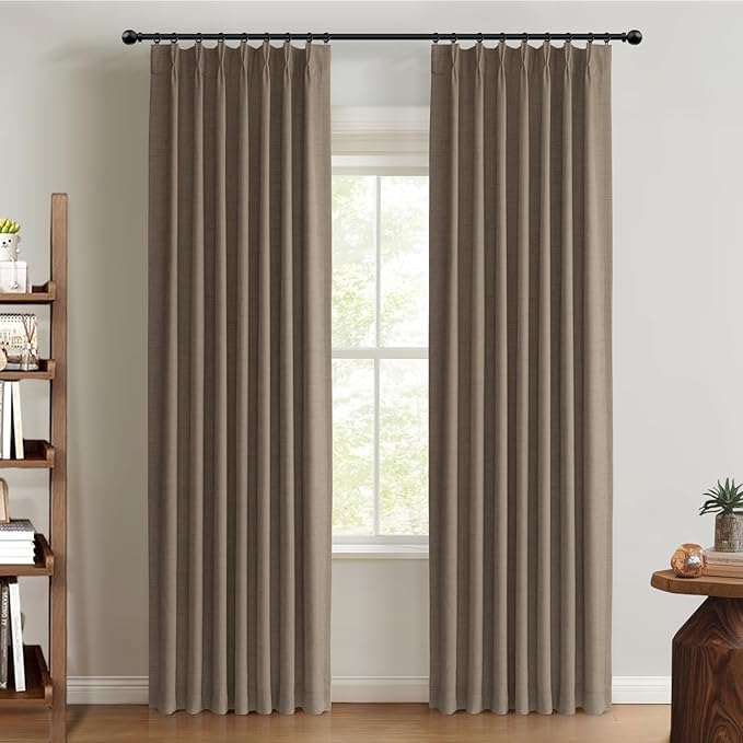100% Blackout Shield Linen Look Textured Pinch Pleated Curtains Blackout Drapes 84 Inch Long 2 Panels Set, Faux Linen Blackout Curtains for Bedroom & Living Room, 40" W x 84" L, Linen Brown