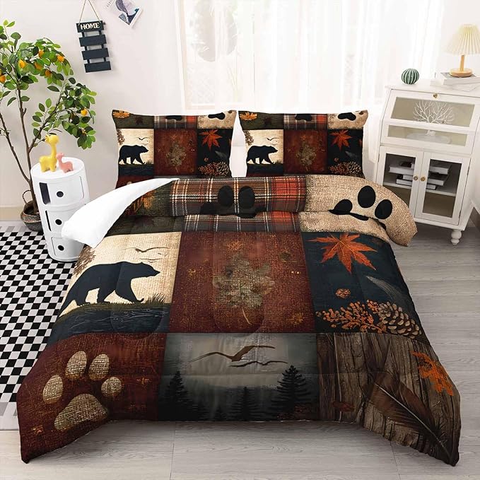 AILONEN Retro Rustic Bear Comforter Set for Bedroom Decor,Vintage Animal Bedding Sets Twin Size,Forest Wildlife Theme Duvet Set,3-Piece, 1 Quilt and 2 Pillowcases,Soft Microfiber