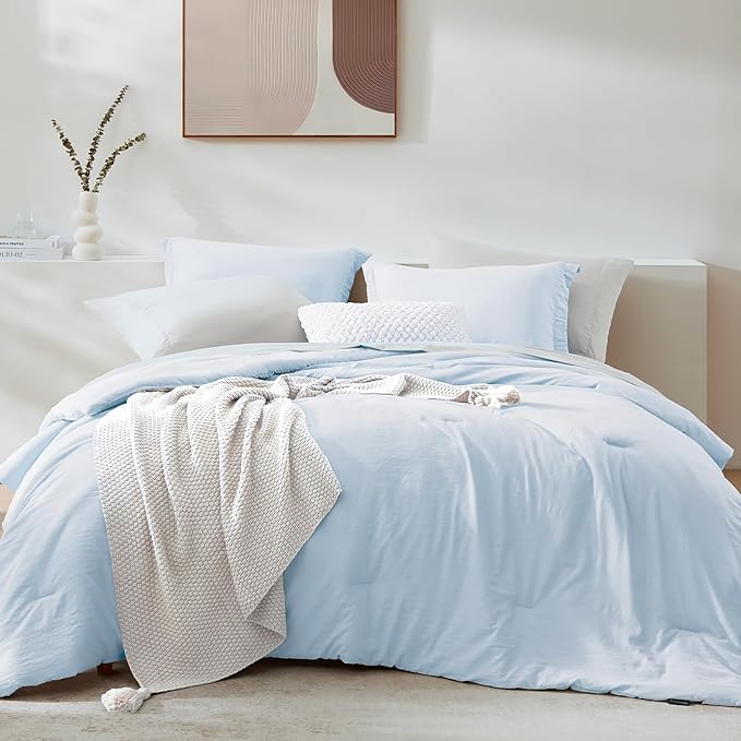 WRENSONGE King Comforter Set, 7 Pieces Ice Blue Soft Bed in a Bag King with Fitted Sheet, Flat Sheet, 2 Pillow Shams, and 2 Pillowcases- Warm Bedding Set for All Season