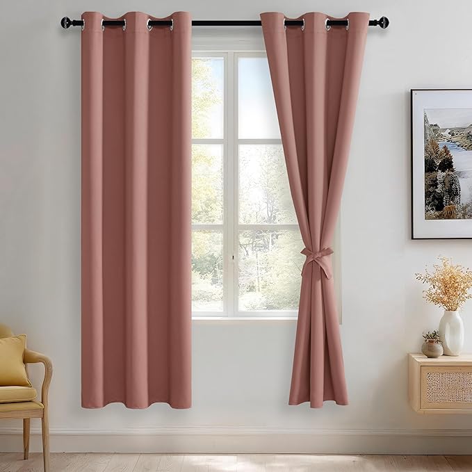 JIUZHEN Dried Rose Blackout Curtains with Tiebacks Thermal Insulated, Light Blocking and Noise Reducing Grommet Curtains for and Living Room, Set of 2 Window Curtain Panels, 42 x 72 Inch Length