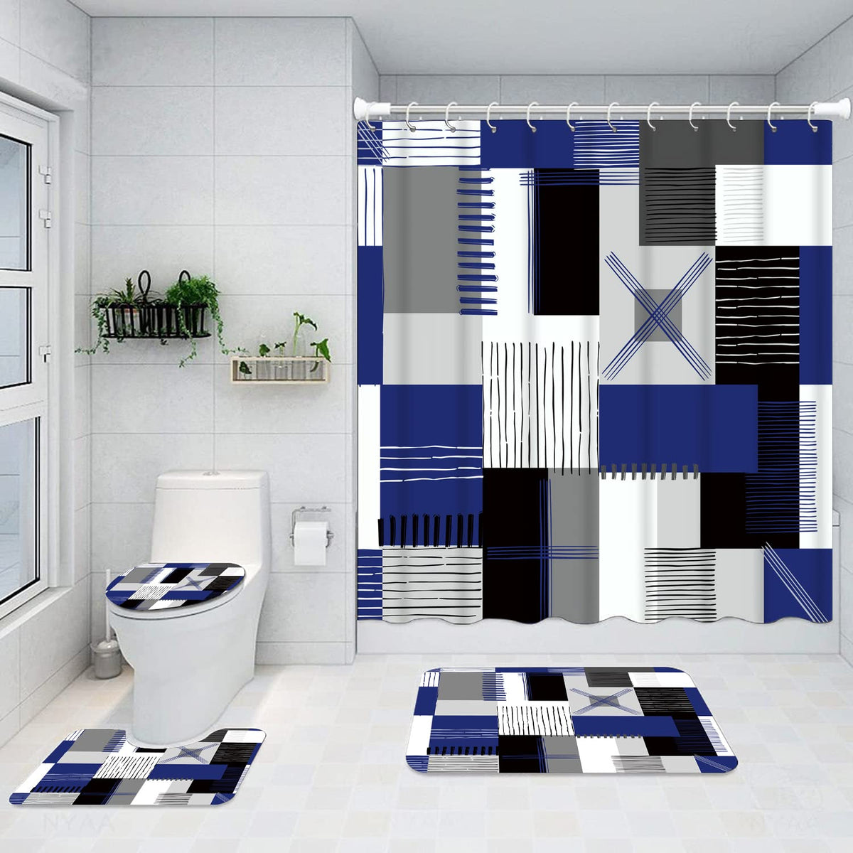 All Smiles Blue Shower Curtain Set 4Pcs with Bathroom Rugs