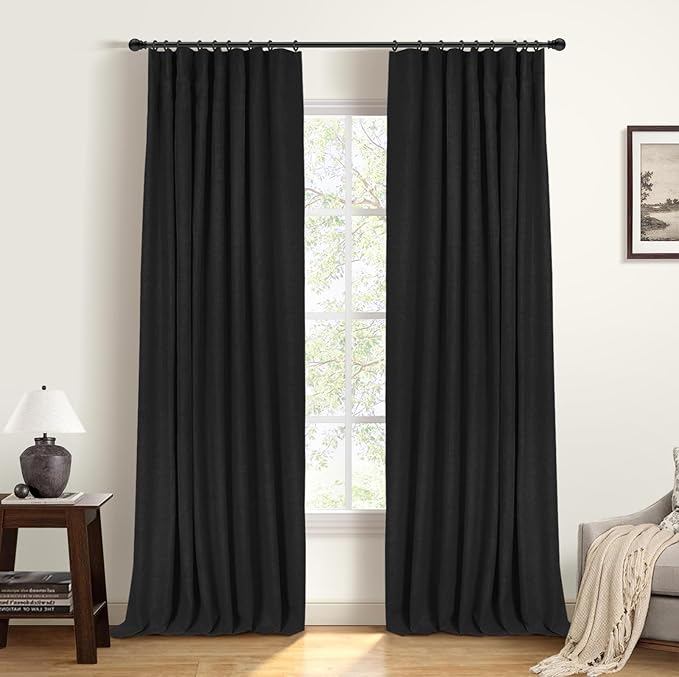 INOVADAY 100% Blackout Curtains for Bedroom, Black Out Curtains 63 Inch Long, Clip Rings Linen Blackout Drapes, Thermal Insulated Room Darkening for Living Room, 2 Panels - Black,W50xL63