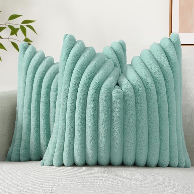 decorUhome Faux Fur Spring Throw Pillow Covers 16x16 Set of 2, Decorative Soft Plush Striped Neutral Couch Euro Pillow Covers with Velvet Back for Sofa, Bed, Living Room Home Decor, Aqua