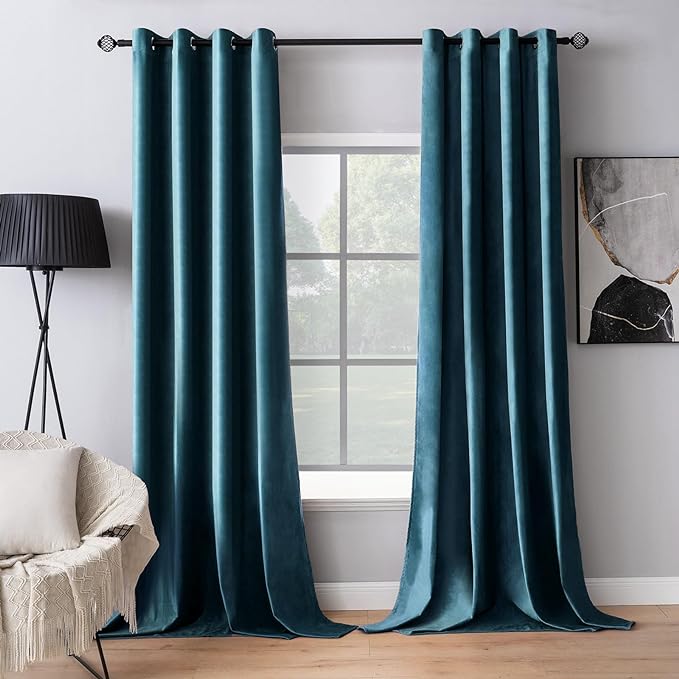 MIULEE Blue Velvet Curtains 108 Inches Length Extra Long Blackout Curtains Thermal Insulated Soundproof Room Darkening Grommet Black Out Drapes for Living Room Bedroom 52x108 Inch 2 PCs Peacock Blue