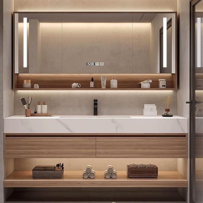 Wood Bathroom Vanity Set - LED Defogging Mirror | Wall Mounted Bathroom Vanity with Sink Include Open Storage & Mirror Cabinet Storage & 2 Drawers (72'')