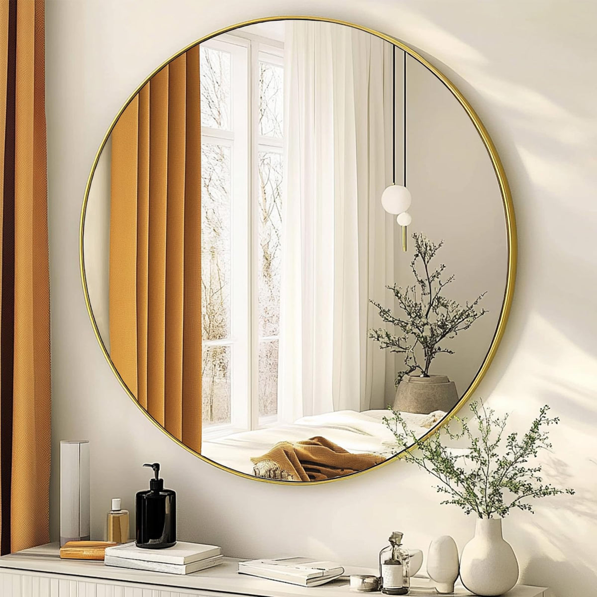 Winnker Round Mirror 30 inch Gold, Circle Mirror, Brushed Gold Metal Frame