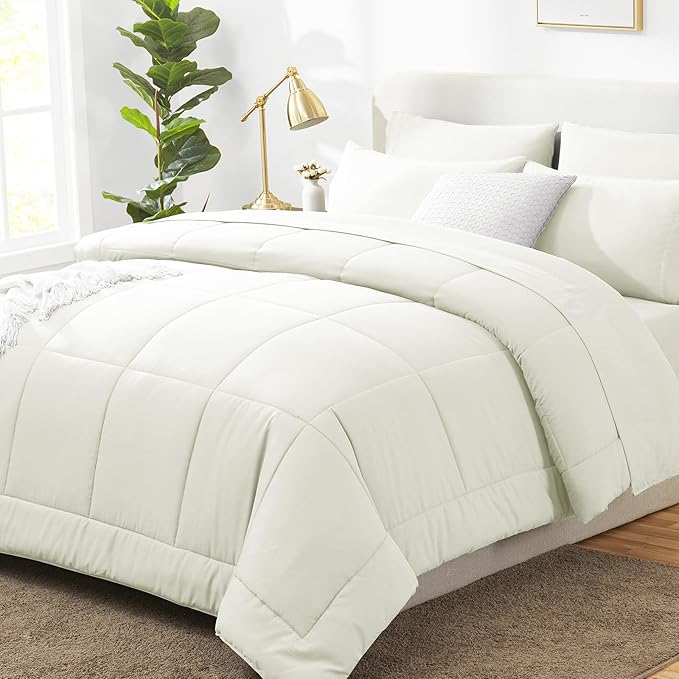 CozyLux Full Size Comforter Set Ivory - 7 Pieces Bed in a Bag, Cream Off White Comforter Full Size, Bedding Sets with All Season Quilted Comforter, Flat Sheet, Fitted Sheet, Pillowcases
