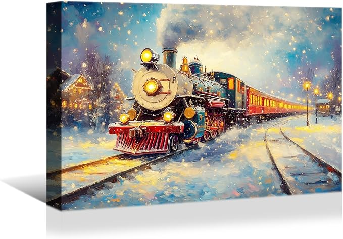 YONICA Christmas Wall Decor Christmas Canvas Wall Art Home Decorations 36x24 Inches - Christmas Train Pictures Charming Snow Scene Prints Winter Painting Xmas Artworks for Living Room Bedroom