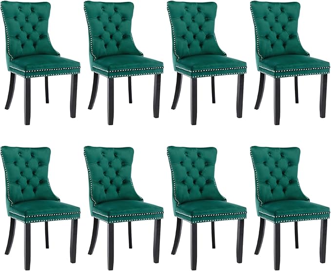 SoarFlash Velvet Dining Chair Set of 8, Upholstered Tufted Dining Room Chair with Nailhead Trim and Solid Wood Leg for Kitchen (Green)