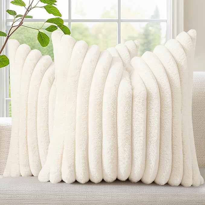 decorUhome Faux Fur Spring Throw Pillow Covers 18x18 Set of 2, Decorative Soft Plush Striped Neutral Couch Euro Pillow Covers with Velvet Back for Sofa, Bed, Living Room Home Decor, Cream White