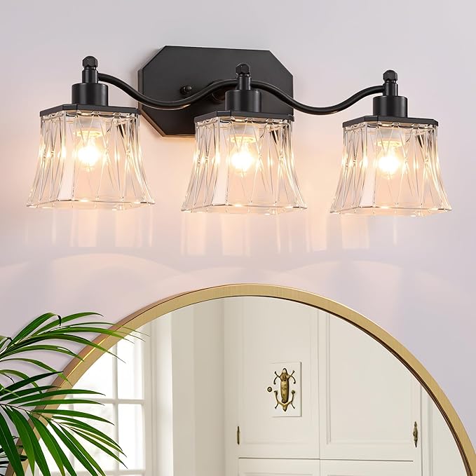 Bathroom Vanity Light Fixtures, 3-Light Vintage Matte Black Vanity Lights with Crystal Glass Shades, Farmhouse Bathroom Lighting Fixtures Over Mirror for Bathroom Bedroom Hallway