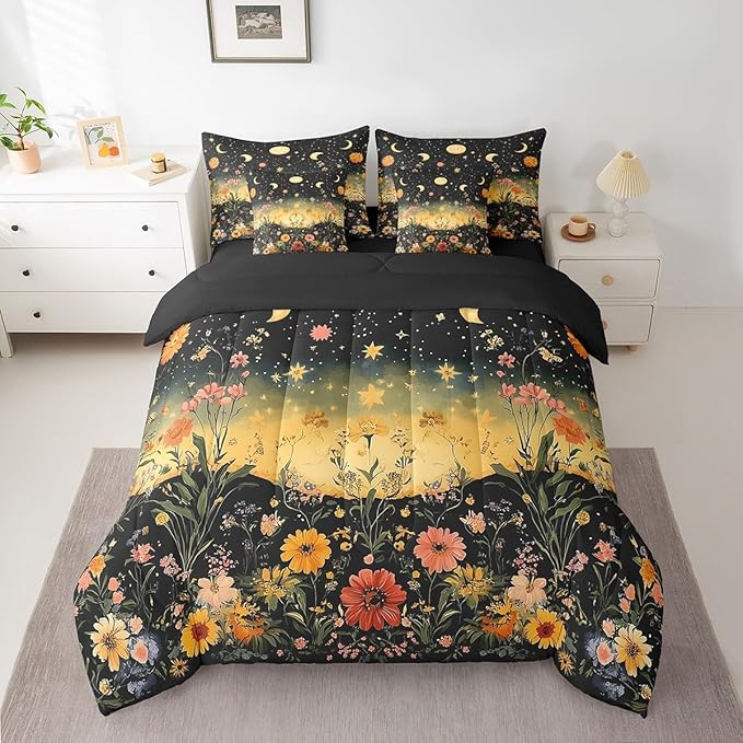 Feelyou 7 Piece Sun and Moon Bed in a Bag Queen Butterfly Moth Flower Sheet Set Rustic Garden for Boys Girls Kids Boho Moon Sun Star Bedding Comforter Boho Mandala Cushion Covers