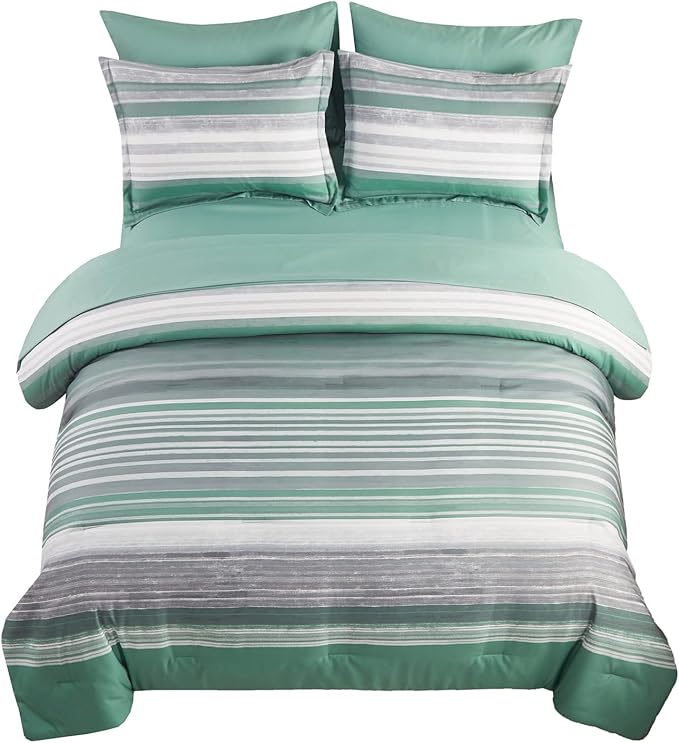 KAKIJUMN 7 Piece Bed in a Bag Stripe Comforter Set Full Size, White Grey Sage Green Patchwork Striped Comforter and Sheet Set, All Season Soft Microfiber Complete Bedding Set(Green,Full)